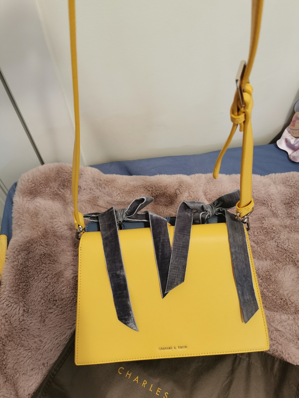 Charles & Keith Yellow Crossbody with Velvet Gray Ties